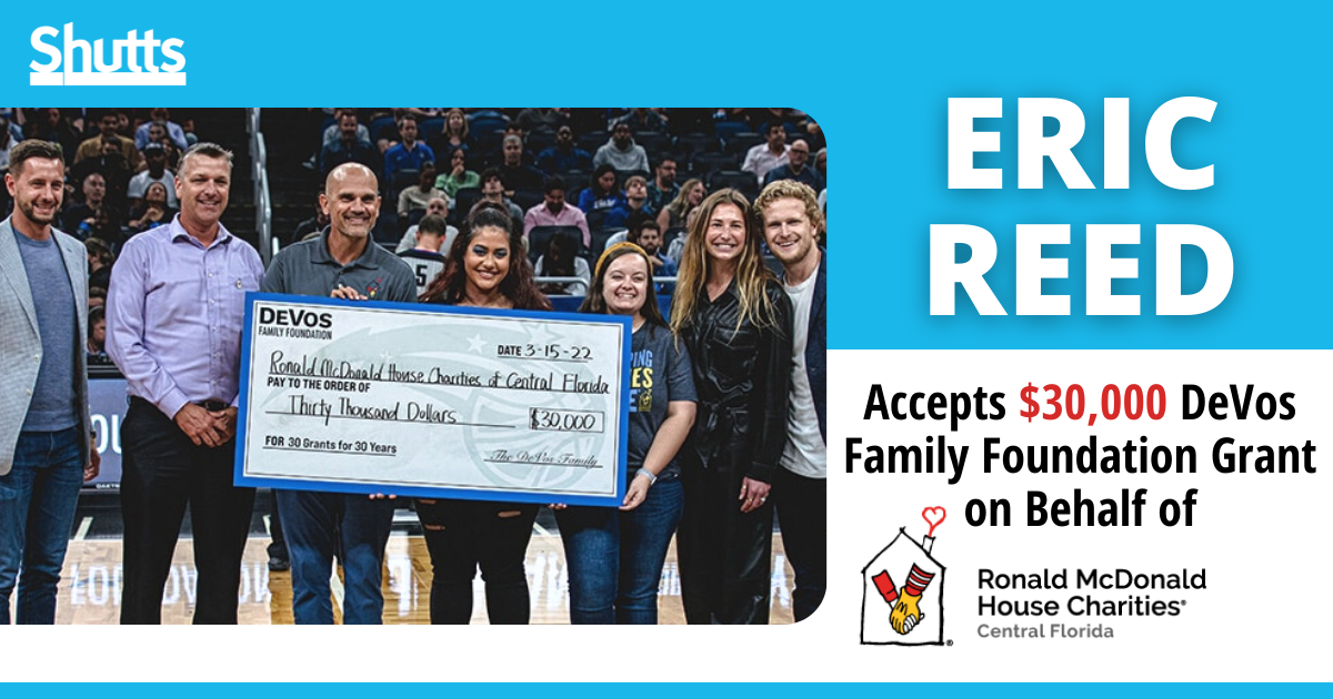 Eric Reed Accepts $30,000 DeVos Family Foundation Grant on Behalf of Ronald McDonald House Charities® of Central Florida Eric Reed Accepts $30,000 DeVos Family Foundation Grant on Behalf of Ronald McDonald House Charities® of Central Florida